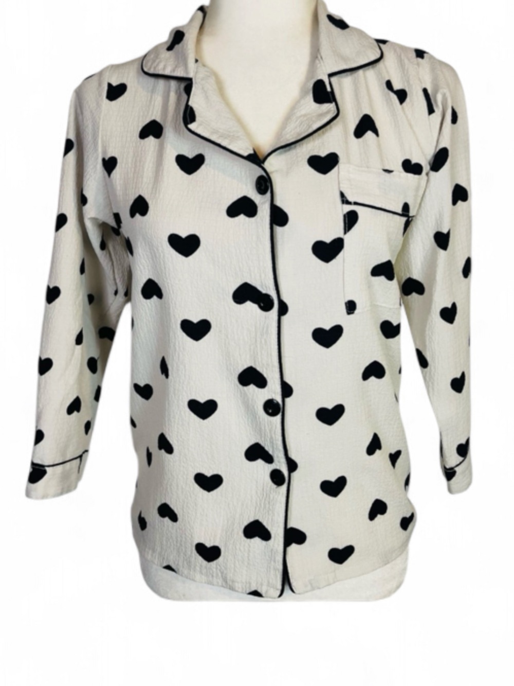 Women's Size Small S Button Down Pajama Top Shirt White Black Heart Print